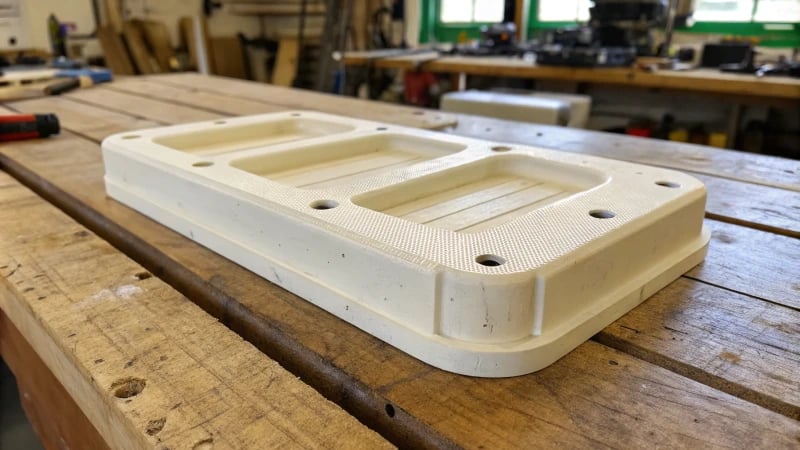 Close-up of a plastic component on a wooden workbench