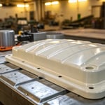 Close-up of a high-strength injection molded product on a factory line