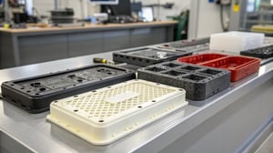 Close-up of injection molded plastic products on a workbench