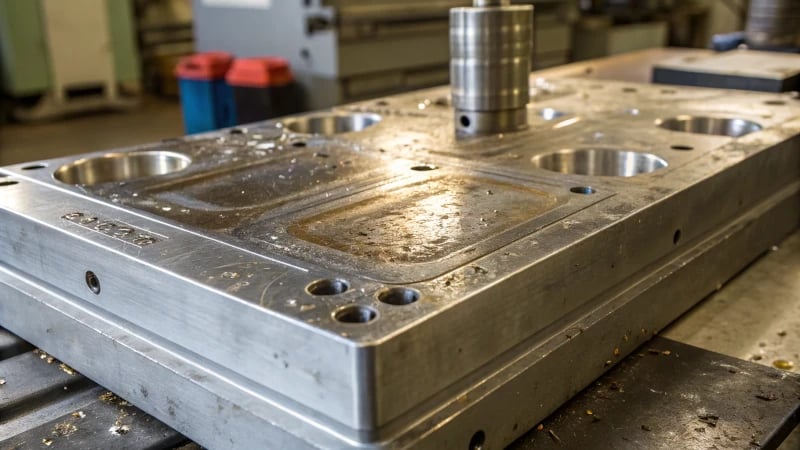 Close-up view of a metallic manufacturing mold with surface imperfections