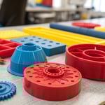 Close-up of molded plastic parts on a workshop table