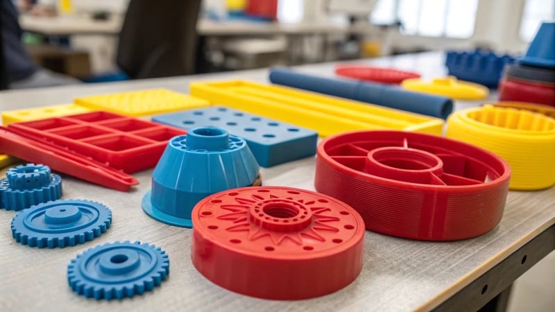 Close-up of molded plastic parts on a workshop table