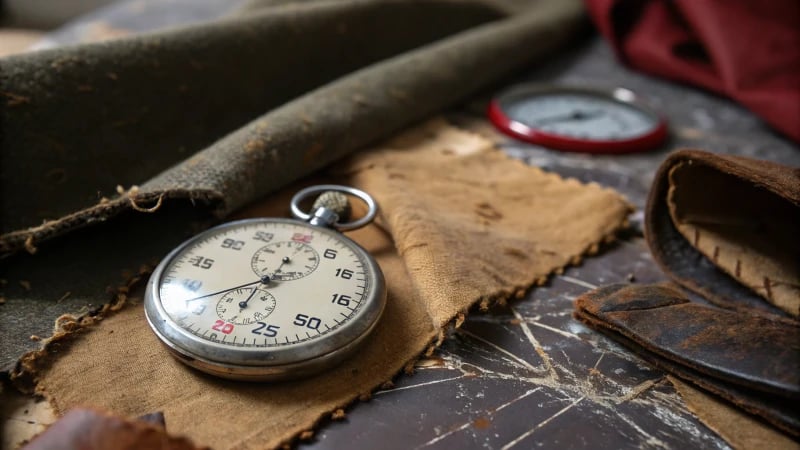 Close-up view of metal, plastic, and fabric showing degradation with a stopwatch