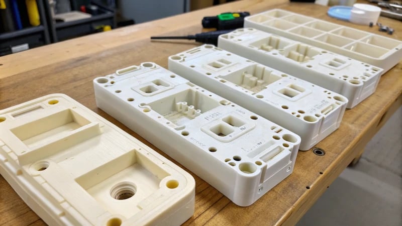 Close-up view of plastic injection molded parts showing manufacturing defects