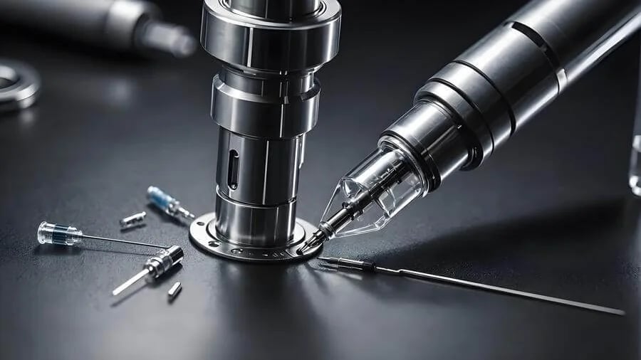 Close-up of a metallic injector device with syringes and needles in a sterile environment