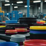 Close-up of colorful injection molded plastic parts on a factory floor
