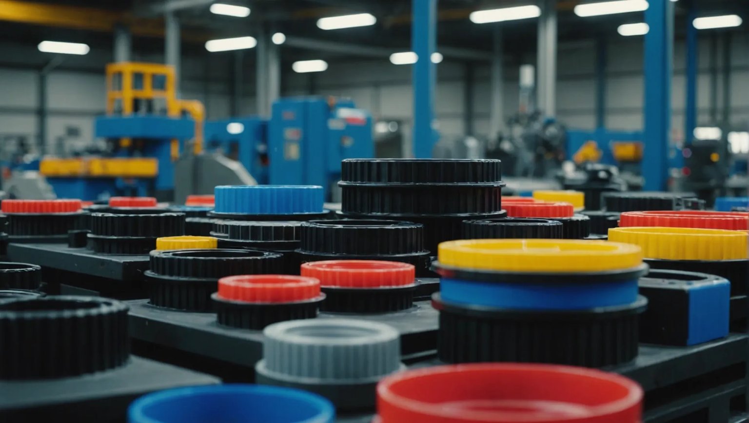 Close-up of colorful injection molded plastic parts on a factory floor