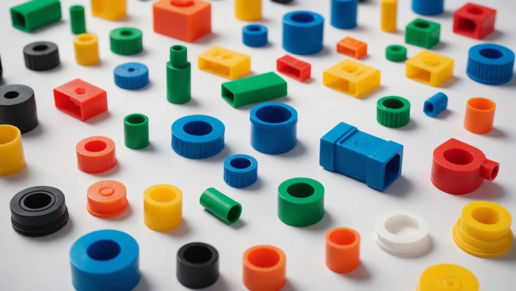 Various injection molded parts with different colors on a white background