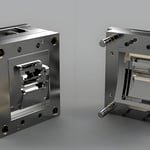 Complex metal mold system for injection molding showcasing detailed design