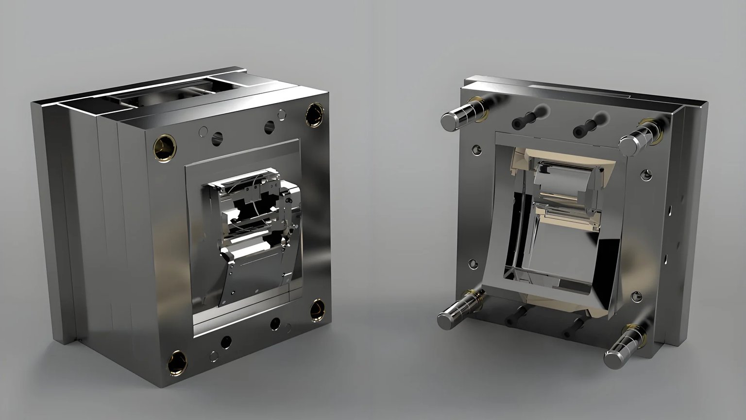 Complex metal mold system for injection molding showcasing detailed design