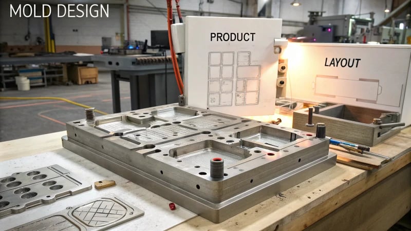 Photorealistic illustration of a complex mold design for manufacturing