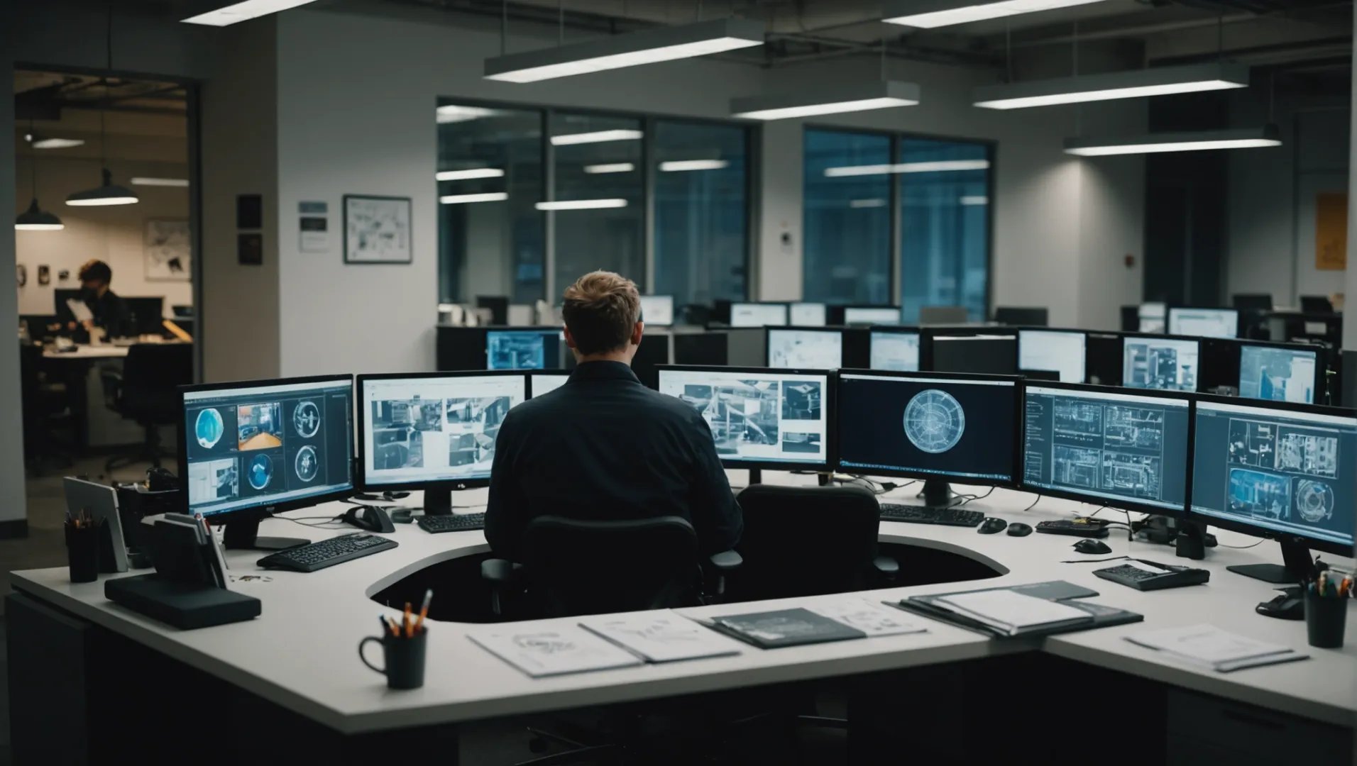 A designer working on a complex mold design with multiple screens displaying CAD software and mold diagrams.