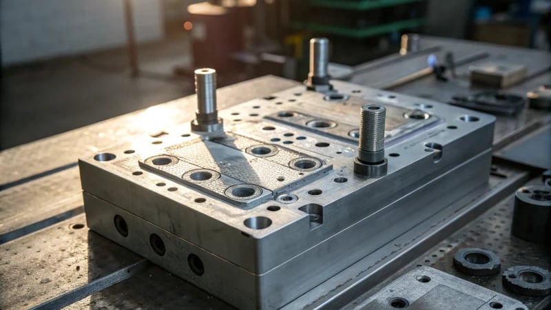 Close-up of a plastic injection mold showing design flaws