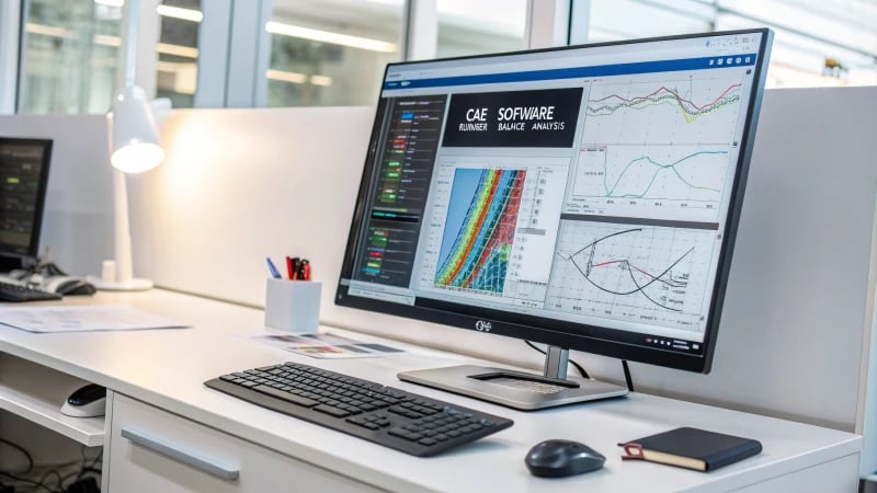 A modern computer workstation with CAE software on the monitor.