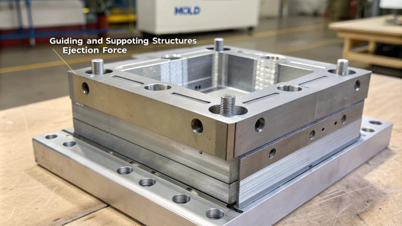 Technical illustration of a mold cross-section with guiding structures