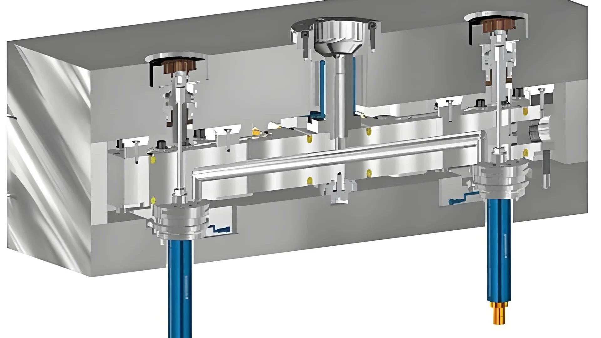 A manufacturing plant with a complex hot runner system setup.