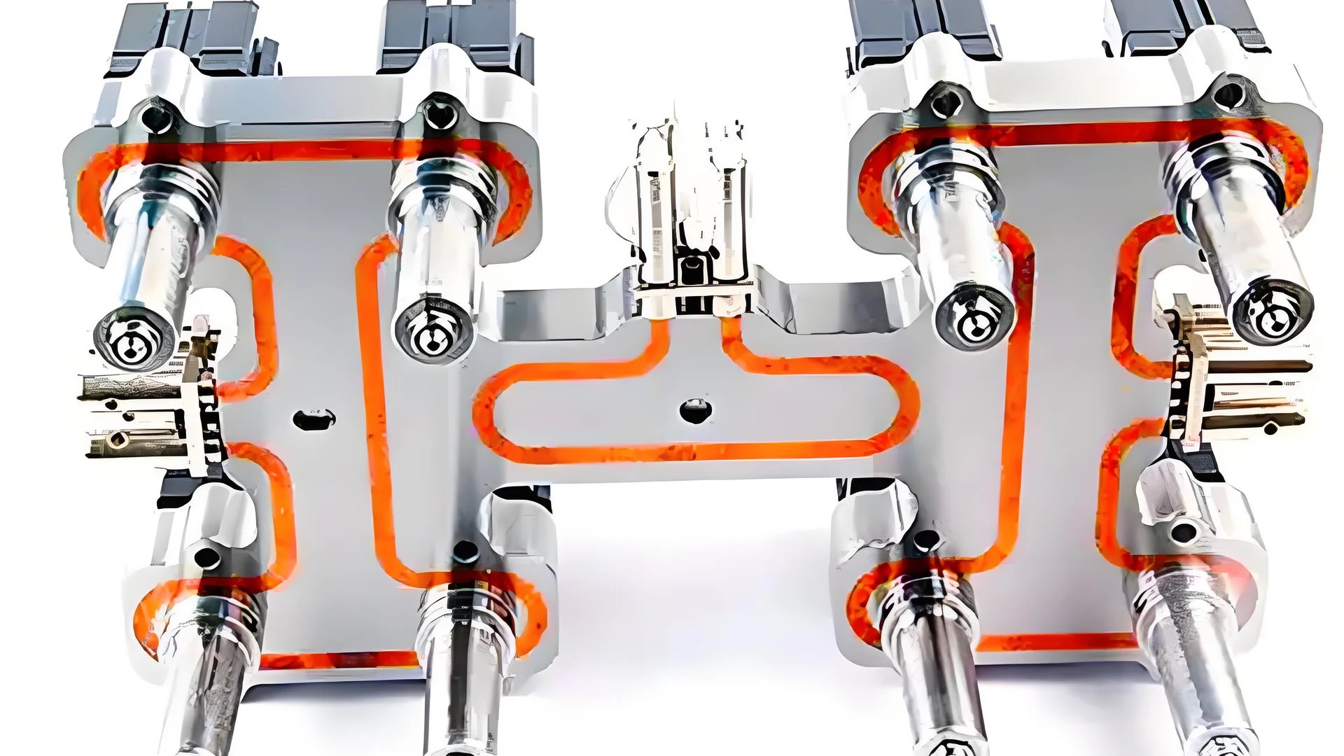 Technical illustration of a hot runner system for injection molding