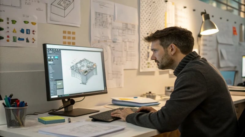 Professional designer examining a 3D model in an office