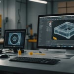 A close-up of a plastic mold and a 3D CAD model on a computer screen.