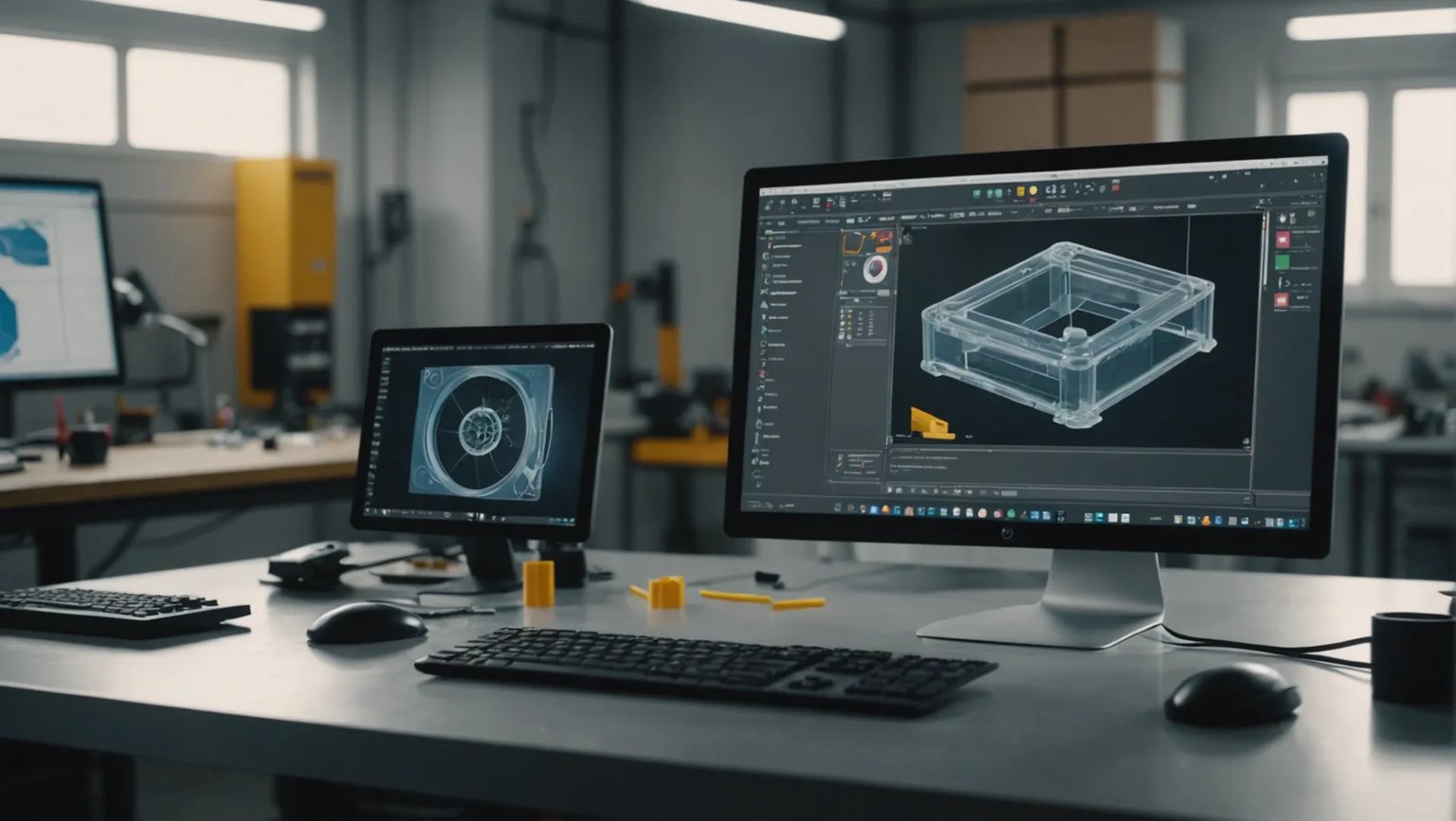 A close-up of a plastic mold and a 3D CAD model on a computer screen.