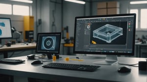 A close-up of a plastic mold and a 3D CAD model on a computer screen.