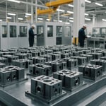 A set of detachable injection molds on a workbench in a manufacturing facility.