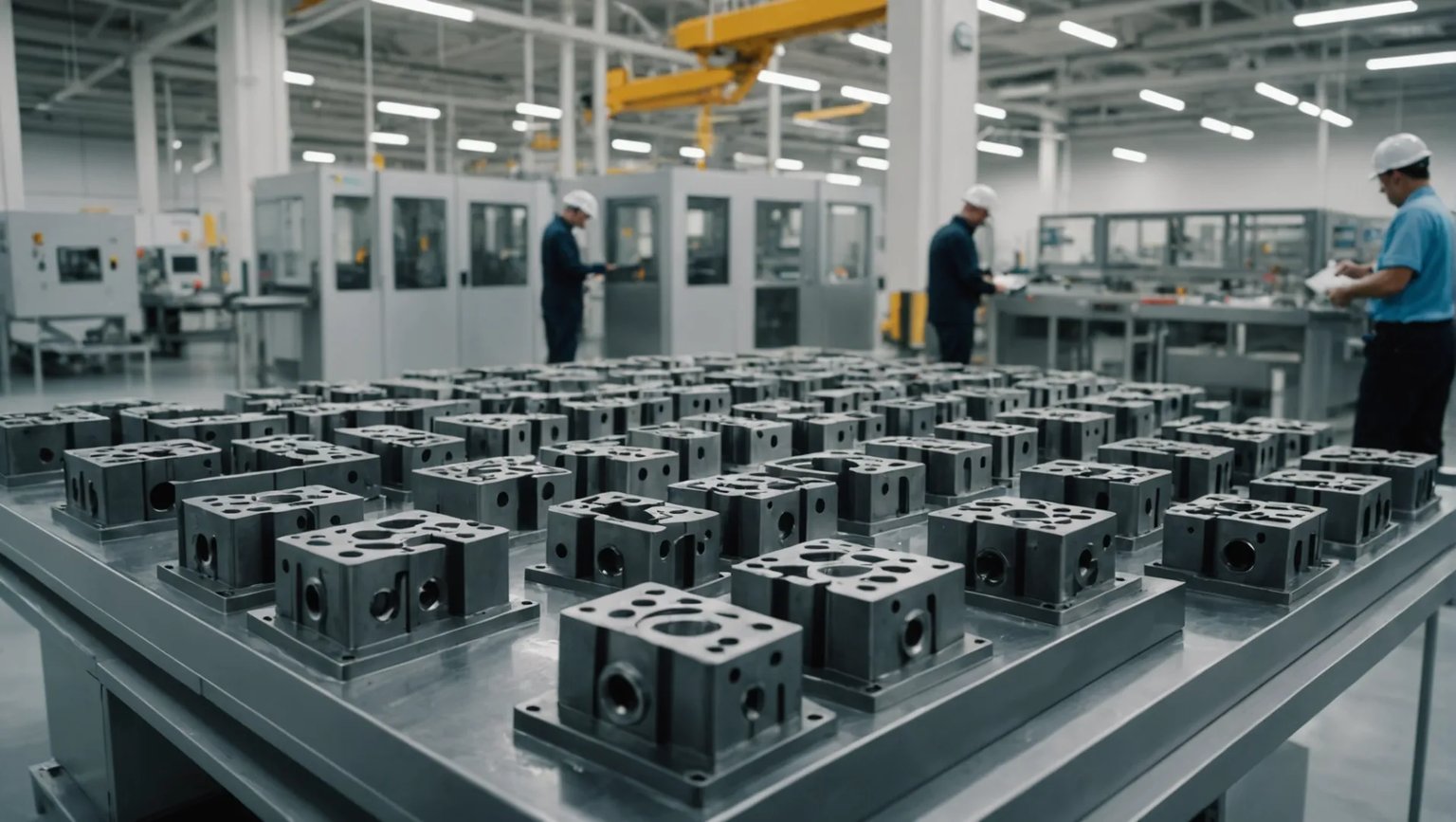 A set of detachable injection molds on a workbench in a manufacturing facility.
