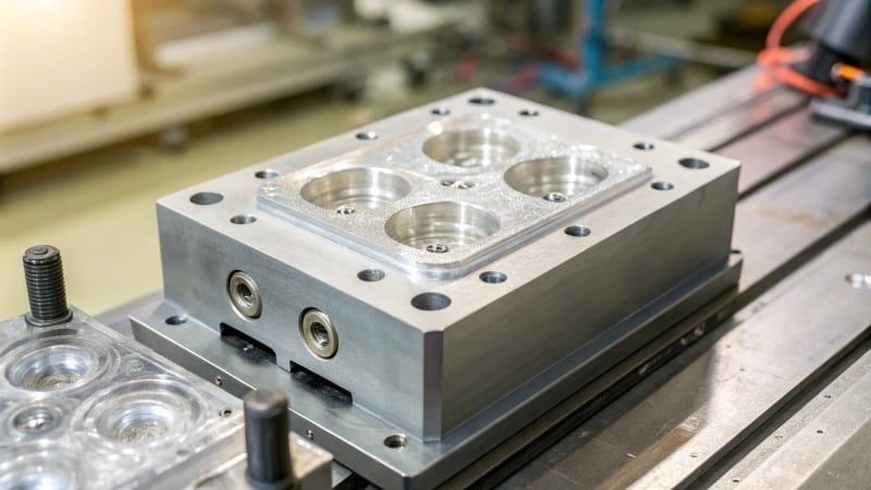 Injection Mold Close-Up Close-up of an injection mold showing insufficient filling and defects