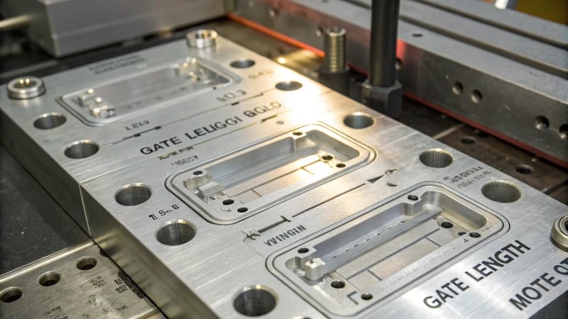 Close-up view of an injection mold highlighting gate length