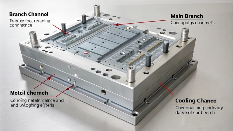 Technical illustration of an injection mold showing channels and cooling systems.