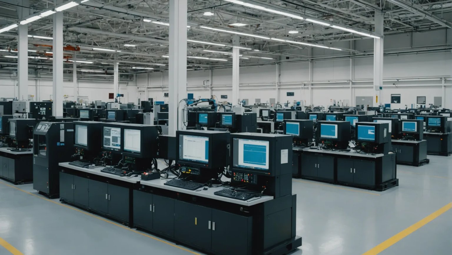 A modern injection molding factory with digital interfaces and advanced machinery
