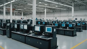 A modern injection molding factory with digital interfaces and advanced machinery
