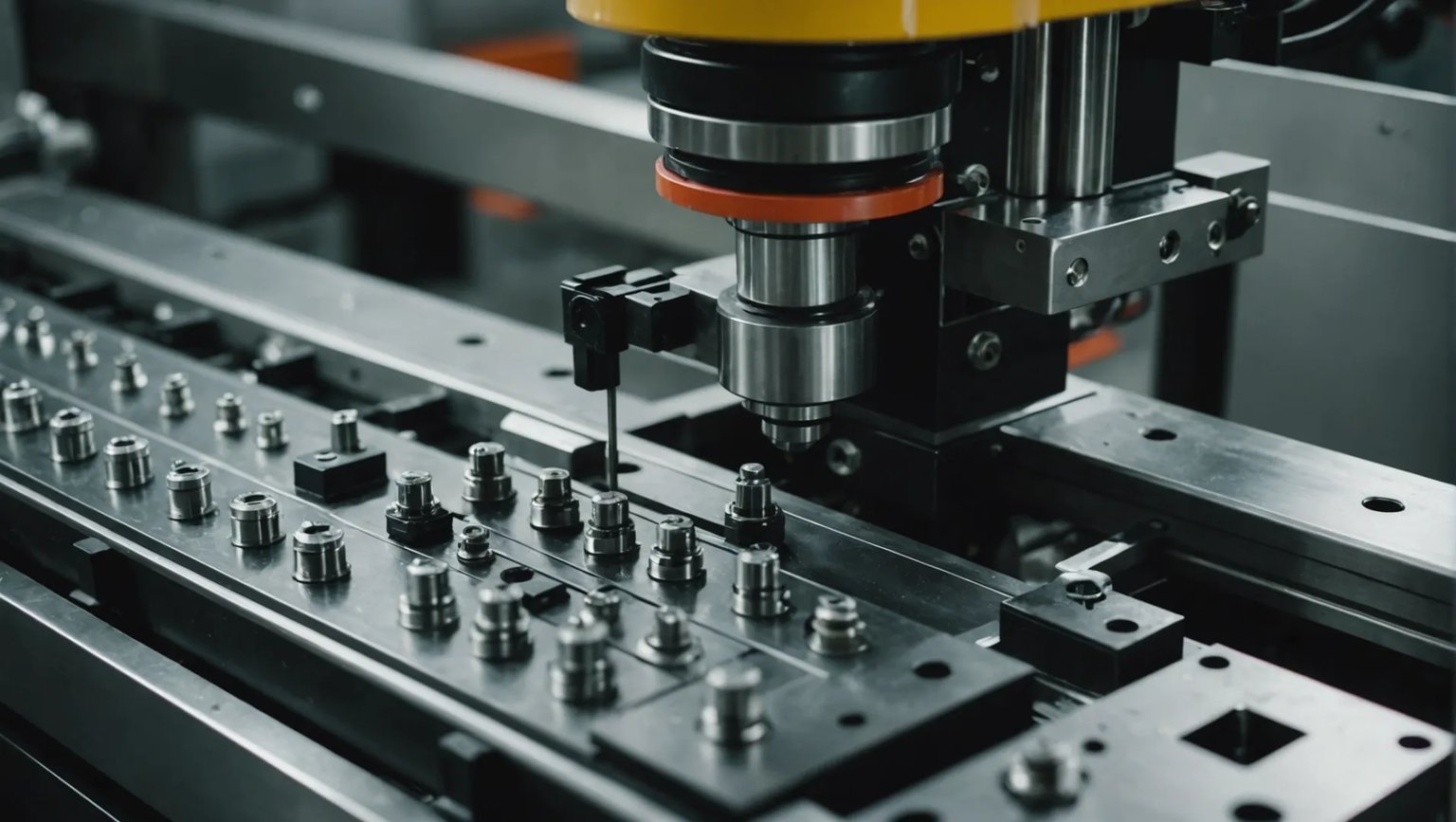 Close-up of an injection molding machine in action