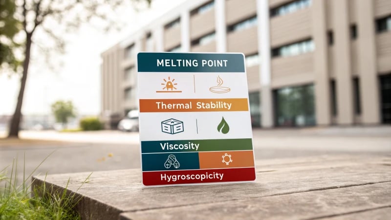 Infographic on material characteristics including melting point, thermal stability, viscosity, and hygroscopicity.