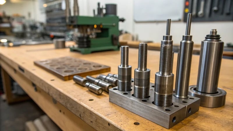 Detailed view of ejector parts for injection molding on a workshop bench