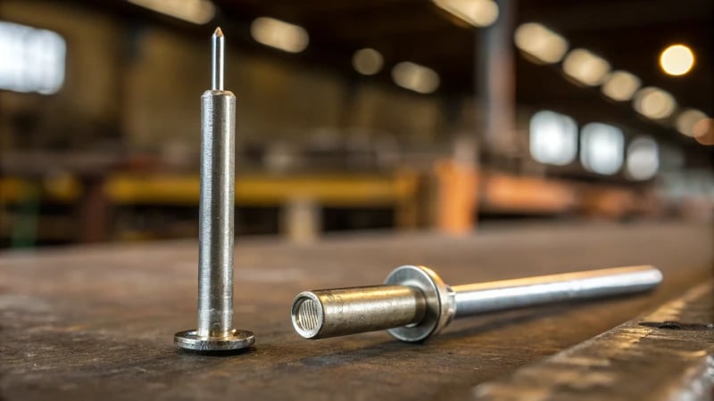 An ejector pin and sleeve pin displayed side by side in an industrial setting.