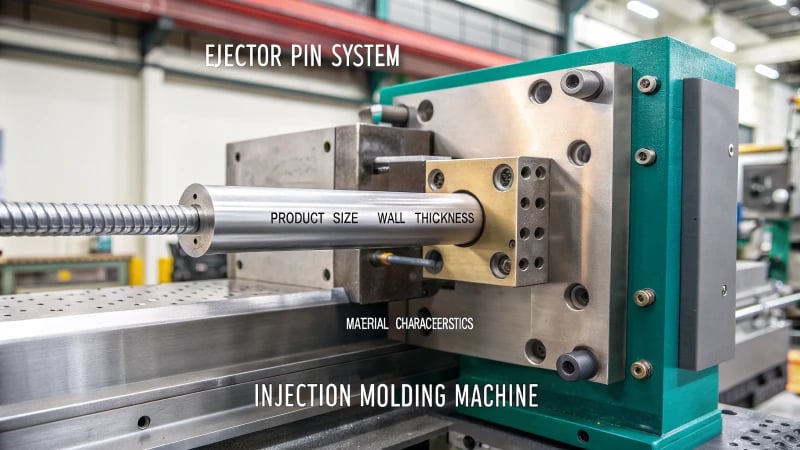 Technical illustration of an ejector pin system in an injection molding machine