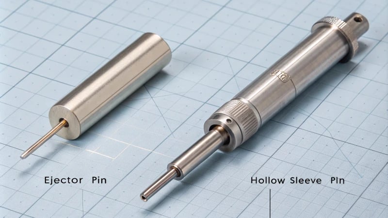 Technical illustration of ejector pins and sleeve pins used in injection molding