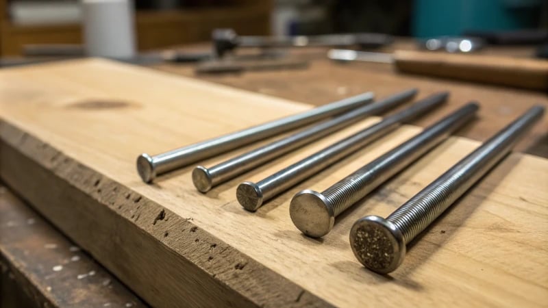 Close-up of ejector pins on a wooden workbench