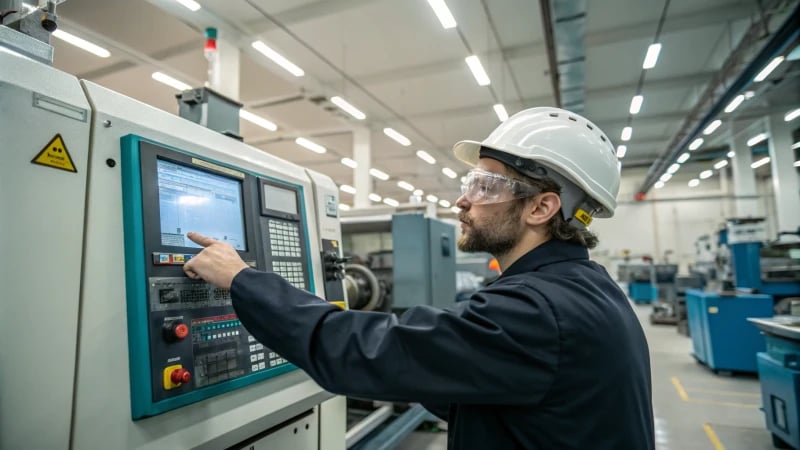 An engineer in safety gear adjusting a molding machine