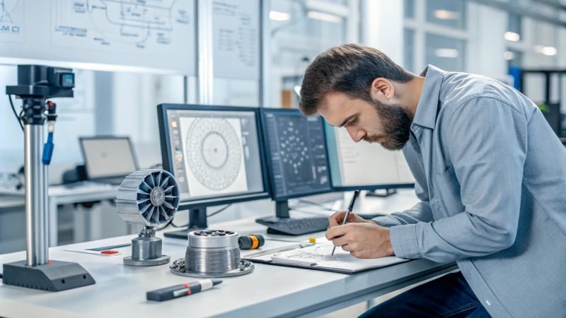 An engineer analyzing a 3D printed prototype in a high-tech workshop.