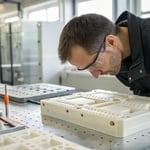 Close-up of an engineer examining a plastic component on a workbench