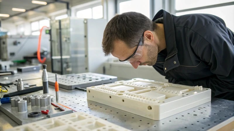 Close-up of an engineer examining a plastic component on a workbench