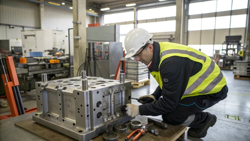 Engineer inspecting a complex injection mold in a manufacturing facility.