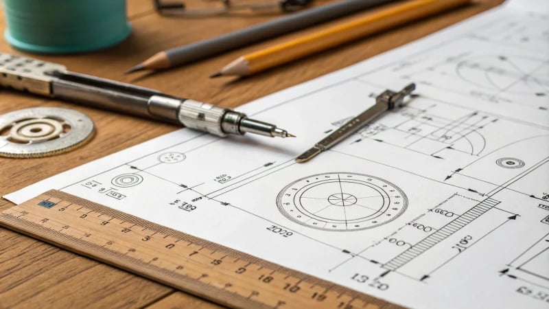 Close-up of an engineering drawing with drafting tools