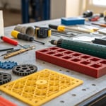 Array of engineering plastics on a workbench