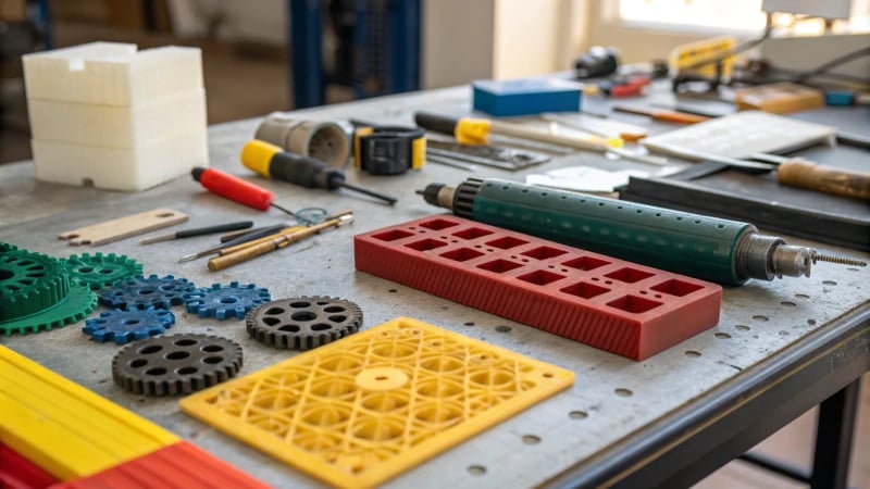 Array of engineering plastics on a workbench