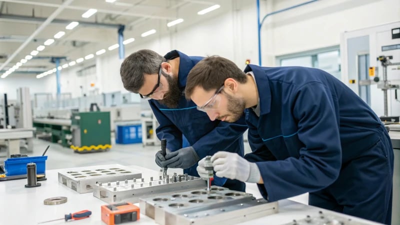 Engineers assembling precision molds in a manufacturing facility