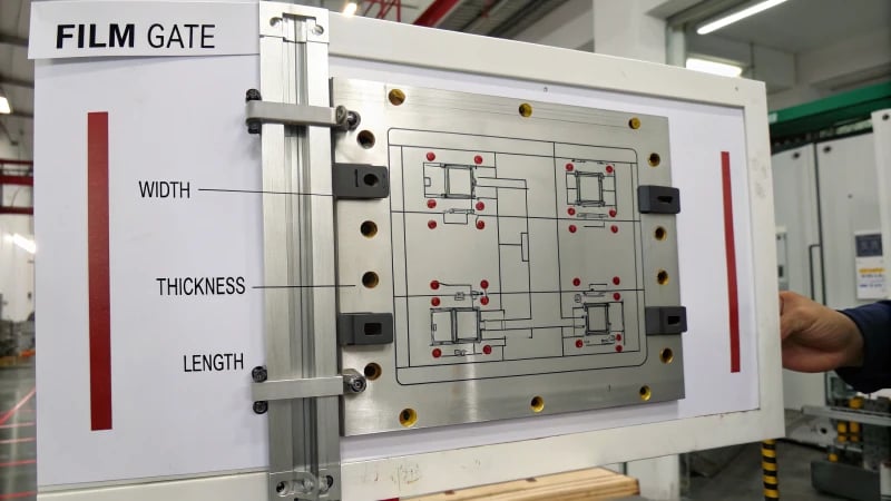 Film Gate Dimensions Diagram Technical diagram illustrating the dimensions of a film gate for mold design