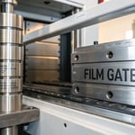 Close-up of a film gate in an injection molding machine